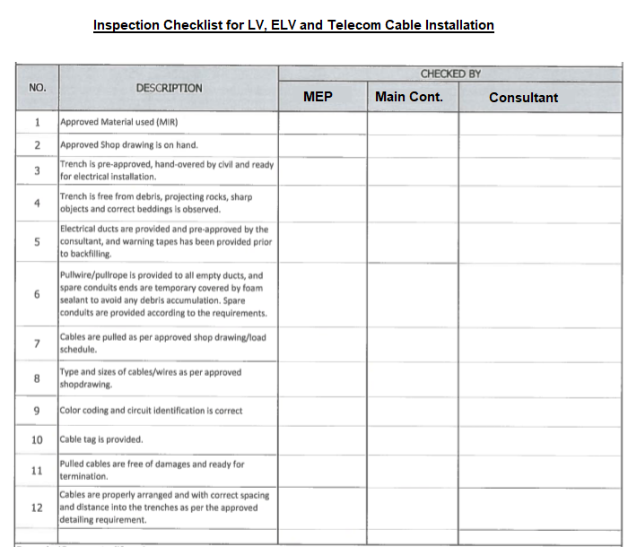 inspection checklist for LV ELV and Telecom Cable Pulling and Installation