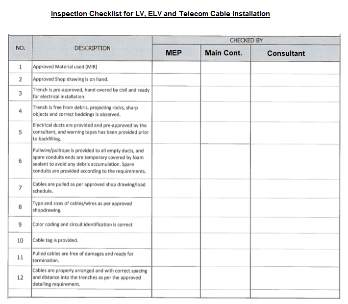 inspection checklist for LV ELV and Telecom Cable Pulling and ...